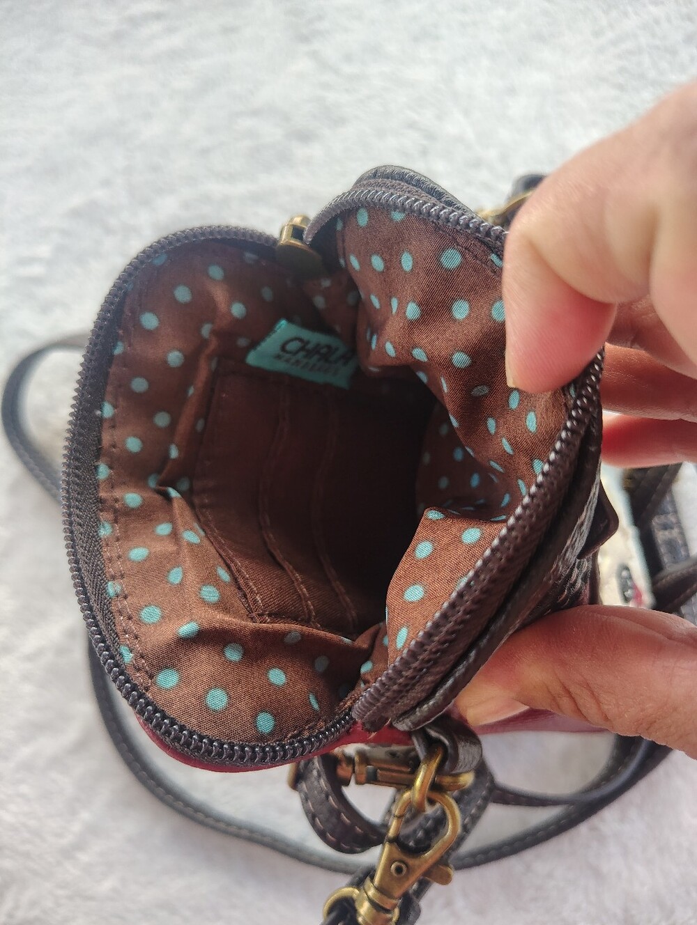 Chala Red Crossbody Phone Bag with Puppy Applique and Black Trim - Picture 5 of 8